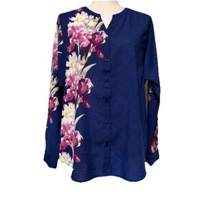 Chico's Drama Floral Cutaway Neck Shirt Blouse Womens 2 Large Blue Art To Wear